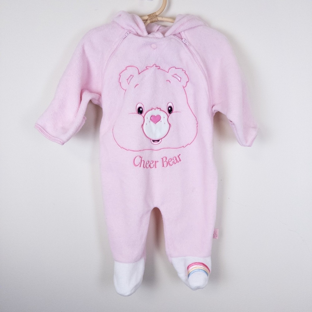 Vintage Care Bears Fleece Pram Suit Pink Cheer Bear Hooded Baby 6-9 Months